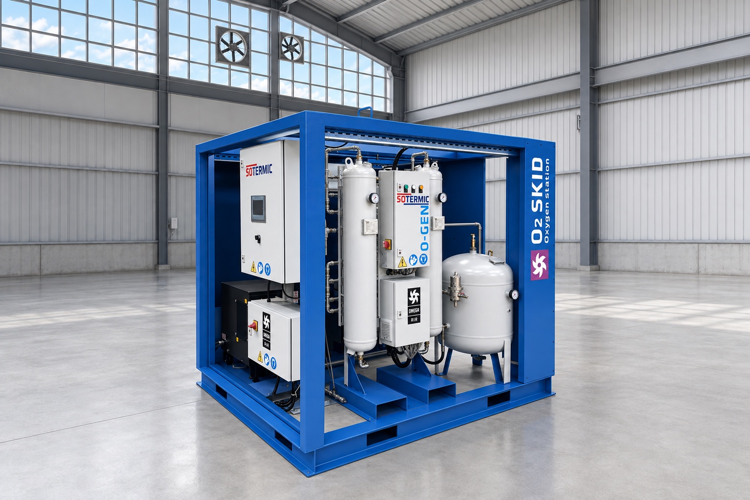 generador oxigeno psa skid azul horizontal v3 Generador de oxígeno PSA SOTERMIC integrado sobre skid